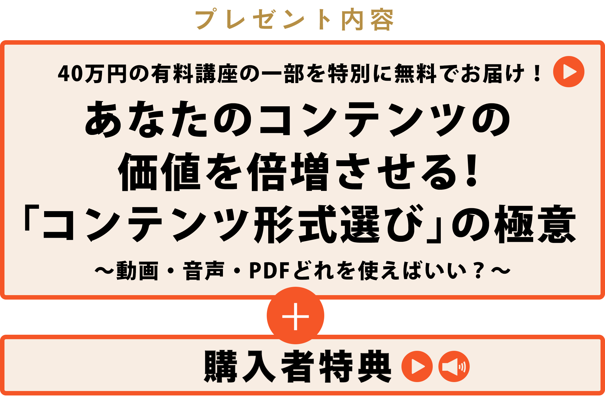 プレゼント内容 40万円の有料講座の一部を特別に公開あなたのコンテンツの価値を倍増させる！「コンテンツ形式選び」の極意 〜動画・音声・PDFどれを使えばいい？〜