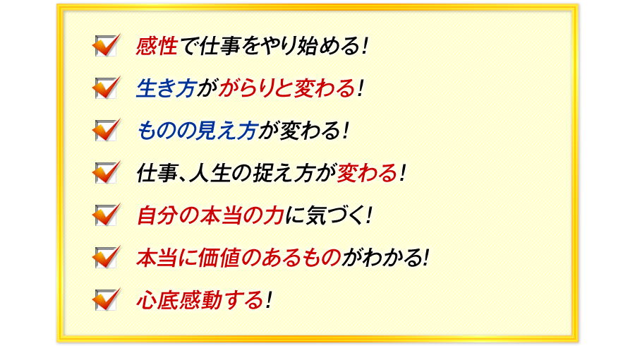 ☑感性で仕事をやり始める！　☑生き方ががらりと変わる！　☑ものの見え方が変わる！　☑仕事、人生の捉え方が変わる！　☑自分の本当の力に気づく！　☑本当に価値のあるものがわかる！　☑心底感動する！