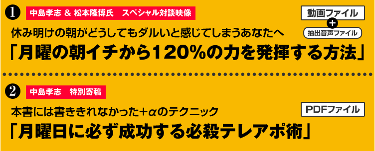 特典１ 中島孝志&松本隆博氏　スペシャル対談映像
休み明けの朝がどうしてもダルいと感じてしまうあなたへ
「月曜の朝イチから120％の力を発揮する方法」（動画ファイル）
特典２ 中島孝志　特別寄稿
本書には書ききれなかった＋αのテクニック「月曜日に必ず成功する必殺テレアポ術」（PDFファイル）